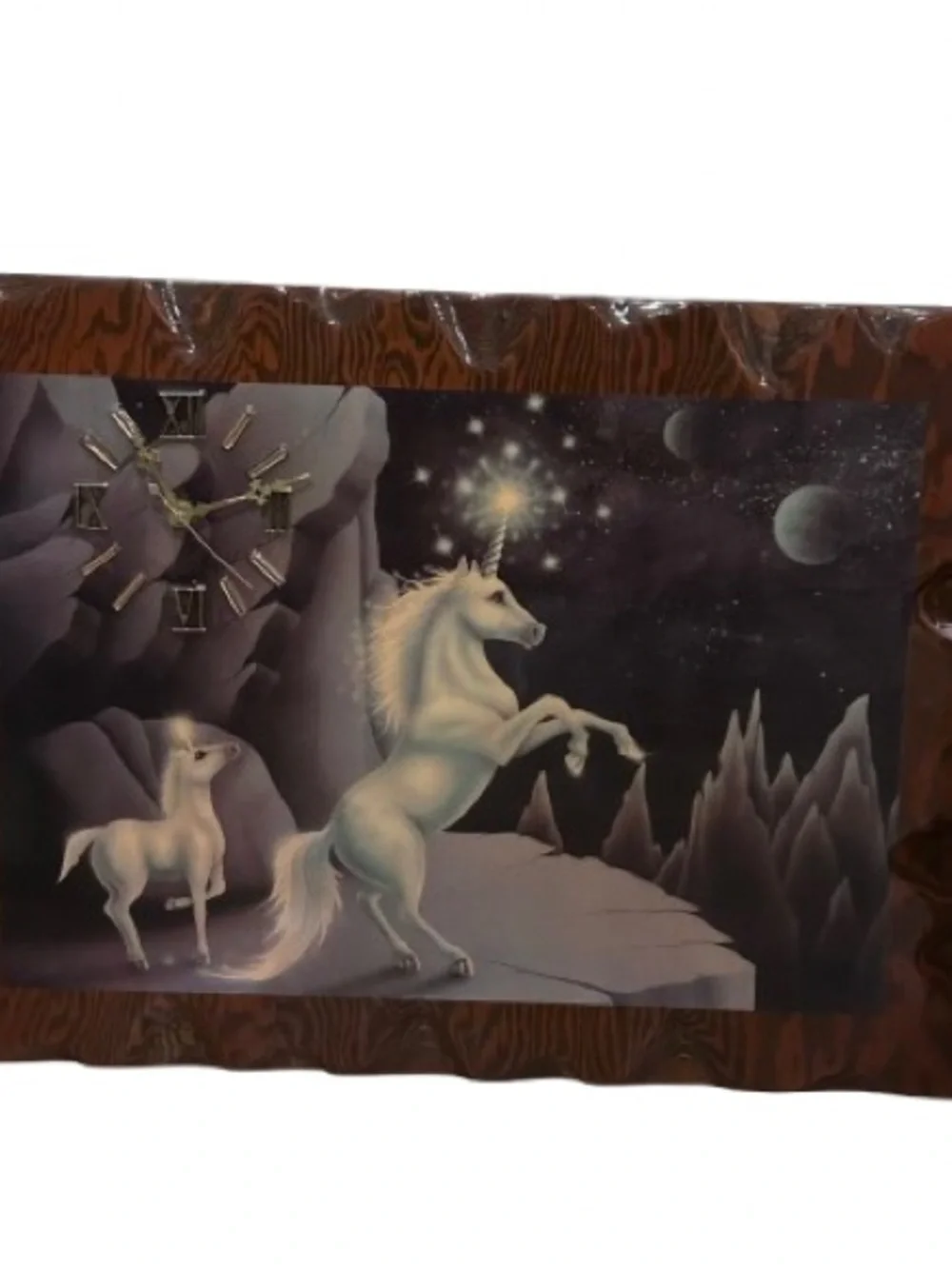 VTG 80s Unicorn in Paradise Clock Andy Mack Lacquered Wood Fairycore Mystical
